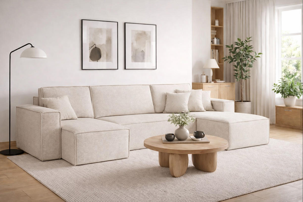 ECKSOFA U-Form Mit Schlaffunktion Und Bettkasten BEST Stoff Neve Ecru - Ecru, Holz/Kunststoff (312/142cm) - Kaiser Möbel