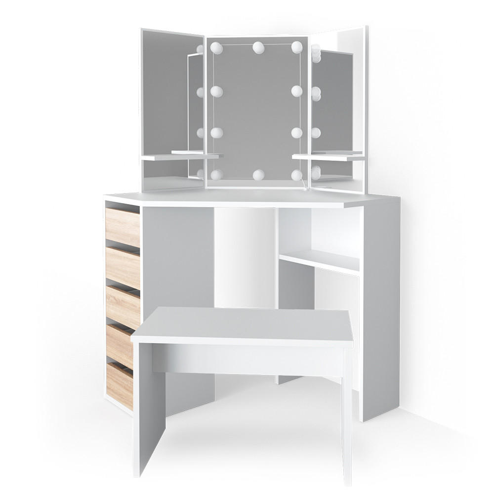 ECKSCHMINKTISCH Arielle Weiß/Sonoma 110 cm mit LED Beleuchtung und Bank - Weiß/Sonoma Eiche, Holzwerkstoff (110/141.5/54cm) - Vicco