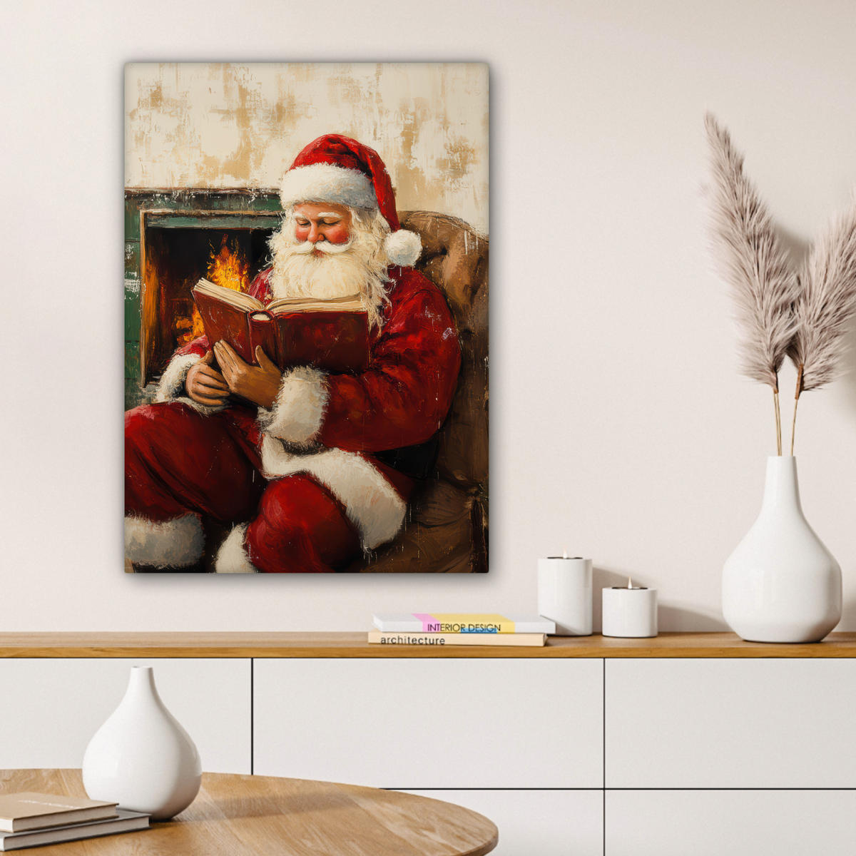 LEINWANDBILD Weihnachten - Weihnachtsmann - Winter - Open Fireside 60x80 cm - Dunkelrot, Textil (60/80cm) - MuchoWow