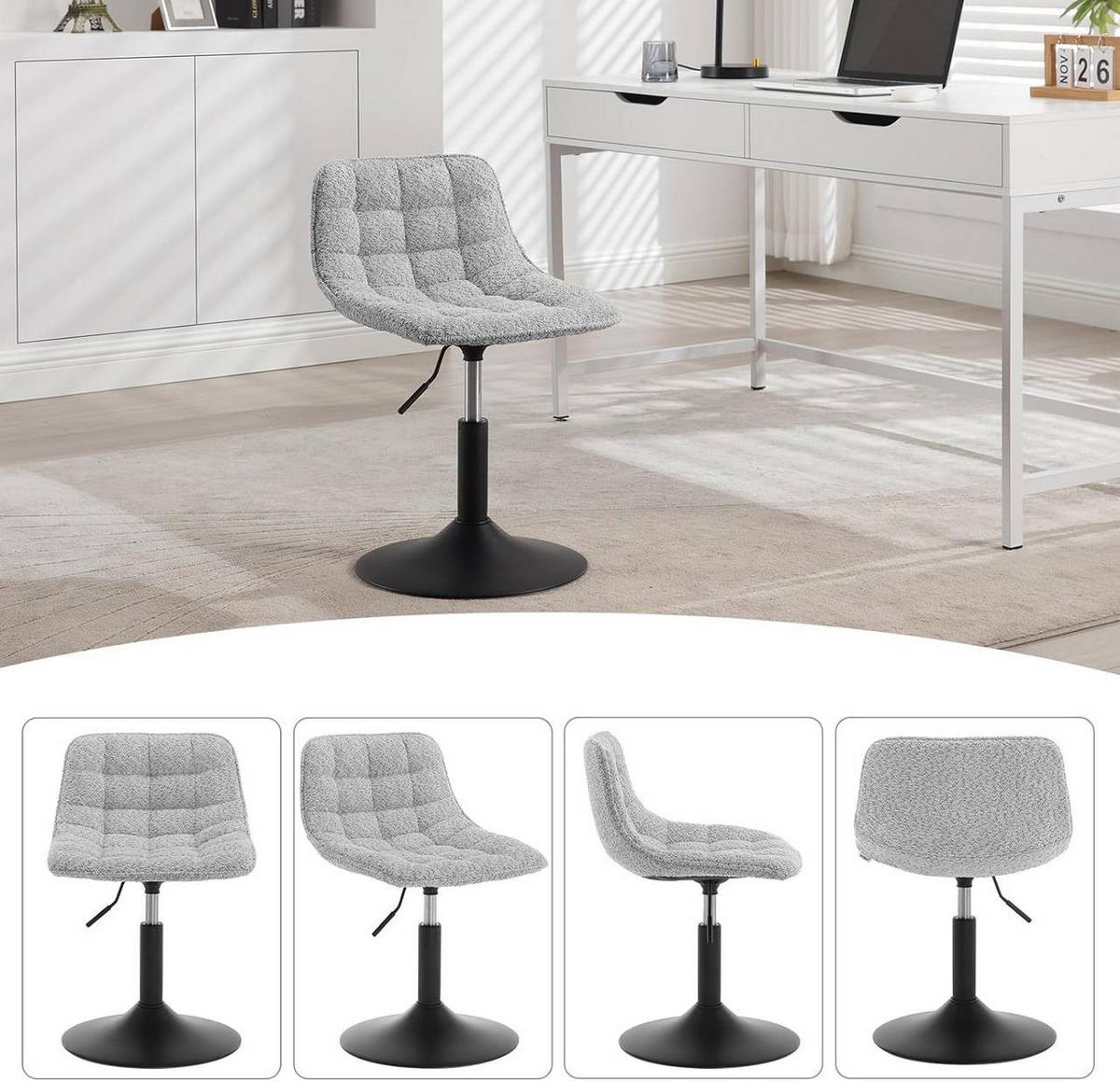 BARHOCKER aus bequemer Chenille, Metall, Grau - Schwarz/Grau, Kunststoff/Textil (42.5/60.5/45cm) - Woltu