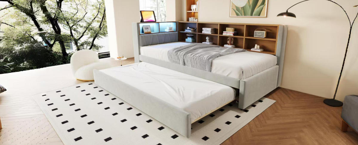 BETT 90/200 cm Hellgrau aus Flanell mit Bett, LED und Stauraum - Hellgrau, Textil (90/200cm) - OKMYHOME