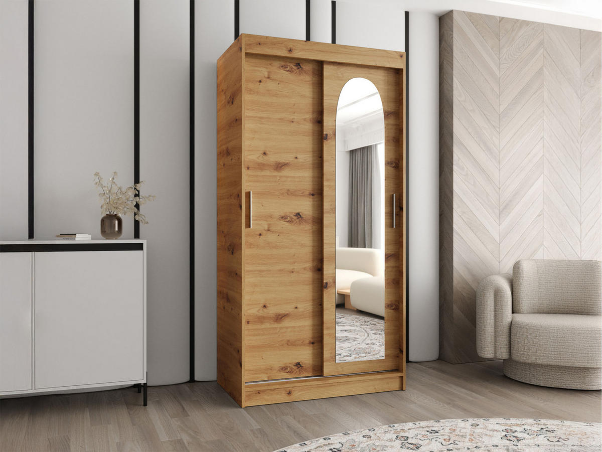 SCHWEBETÜRENSCHRANK Selfie 100 cm mit Schubladen - Silberfarben/Eiche Artisan, Holzwerkstoff/Kunststoff (100/200/62cm) - MIRJAN24