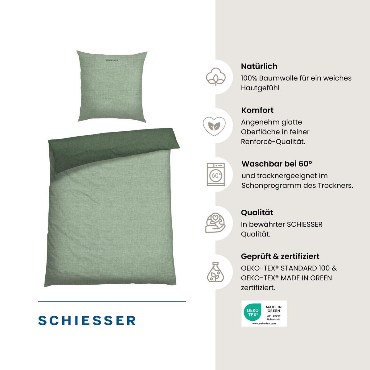 BETTWÄSCHESET Doubleface - Renforcé - 2-teilig - 135 x 200 cm - Grün - Grün, Textil (135/200cm) - SCHIESSER
