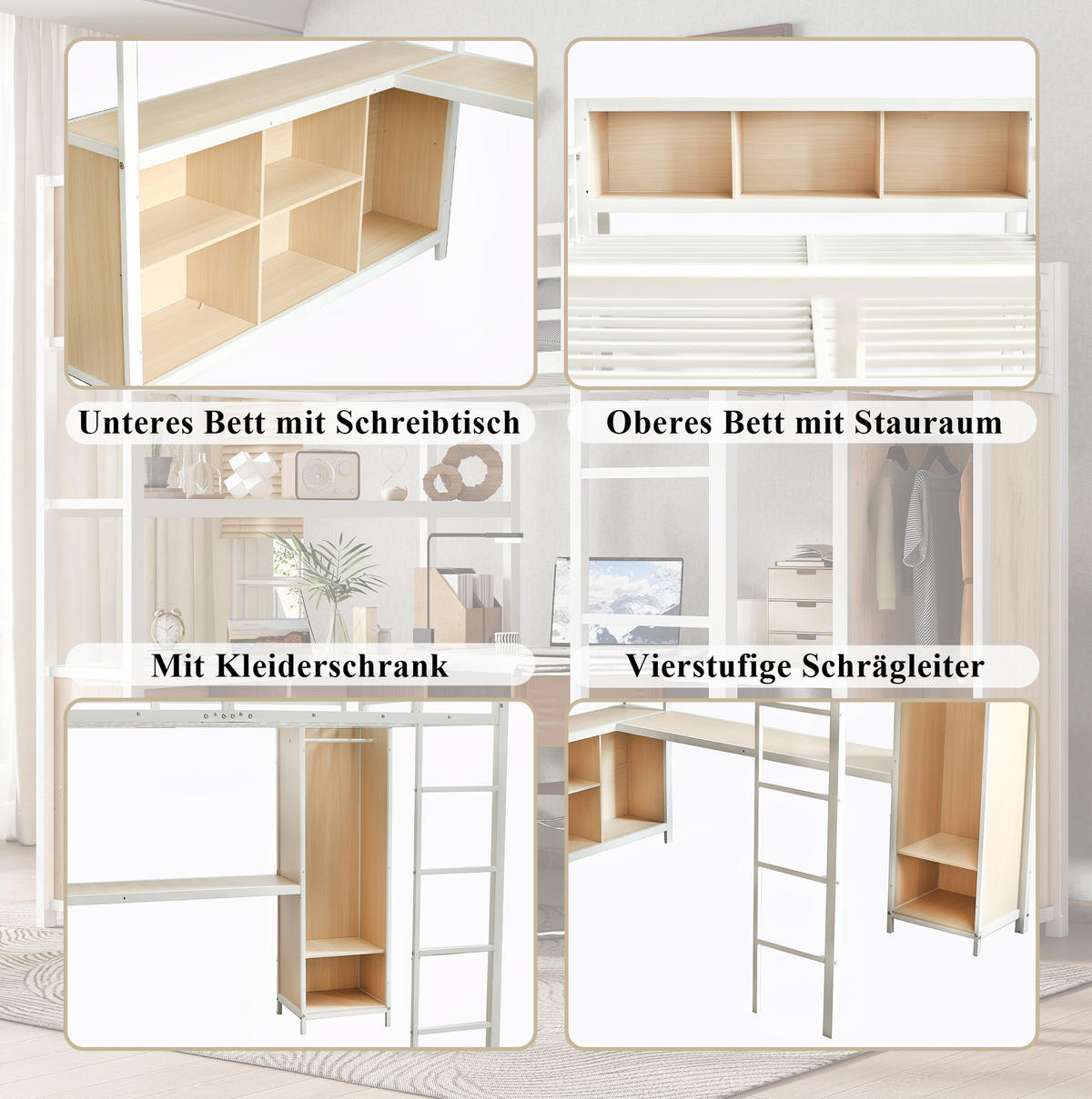 HOCHBETT 140/200 cm aus Metall und Holzwerkstoff mit Schreibtisch und Kleiderschrank Weiß/Natur - Weiß, Metall (140/200cm) - Modenvie