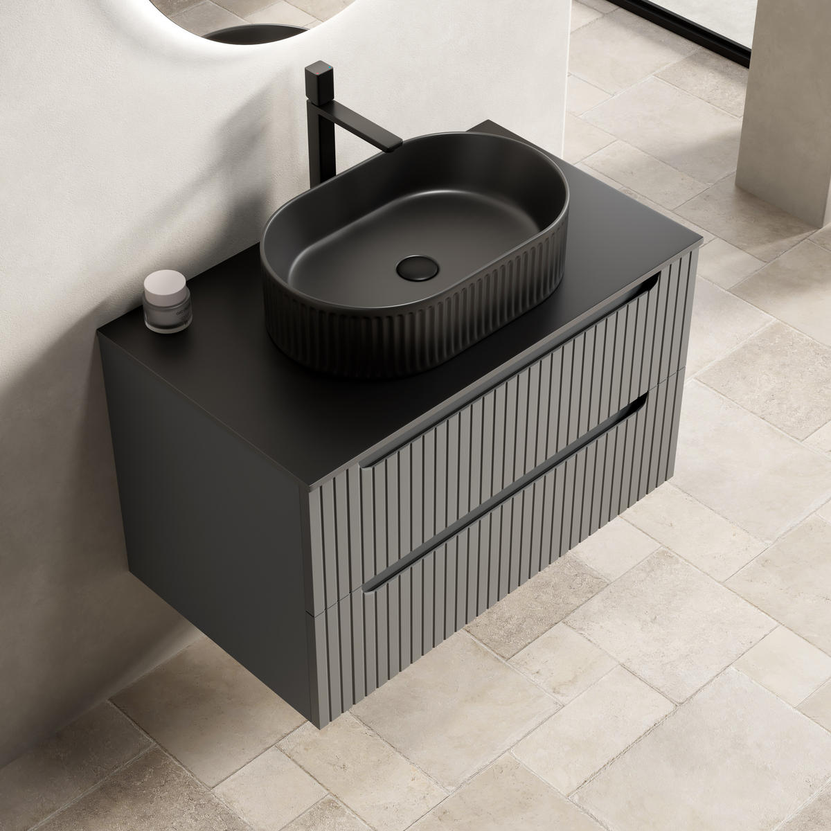 WASCHTISCHUNTERSCHRANK 80x46x62.2cm Schwarz/Dunkelgrau mit ovalem Keramikbecken & 2 Schubladen - Dunkelgrau, Keramik (80/62.2/46cm) - Modfu