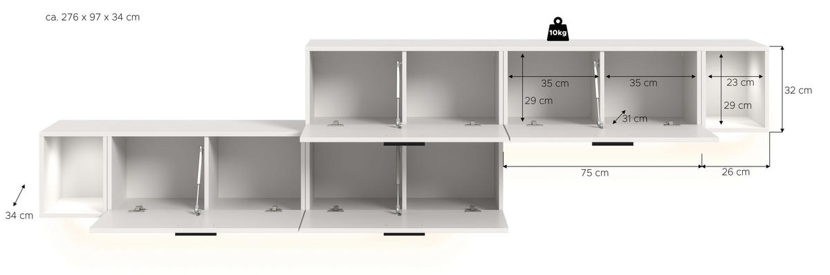 WOHNWAND INKL BELEUCHTUNG The One weiß 276/34/97 cm - Weiß, Holzwerkstoff (276/97/34cm) - Xonox