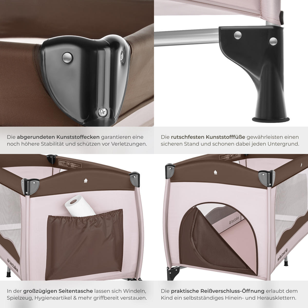 KINDER REISEBETT ,inklusive Tragetasche, 126 x 65 x 80 cm,coffee - Schwarz, Textil (65/80/126cm) - tectake