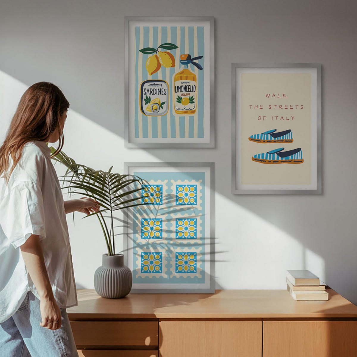 WANDBILDER 3er Set - 40x60 cm Silberner Rahmen - Früchte, Elemente der italienischen Kultur - Silberfarben, Kunststoff (40/60cm) - ArtPrintCave