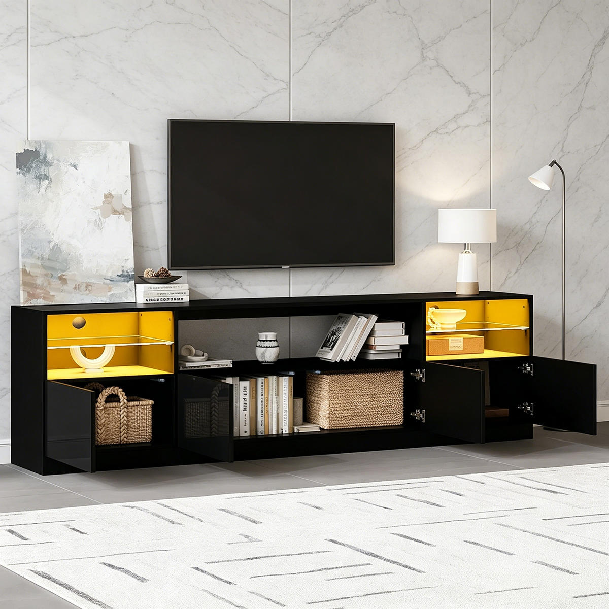 TV SKŘÍŇKA v černé barvě s LED osvětlením do obýváku, Š180/H35/V60 cm - černá, kompozitní dřevo/sklo (180/60/35cm) - STILVORA