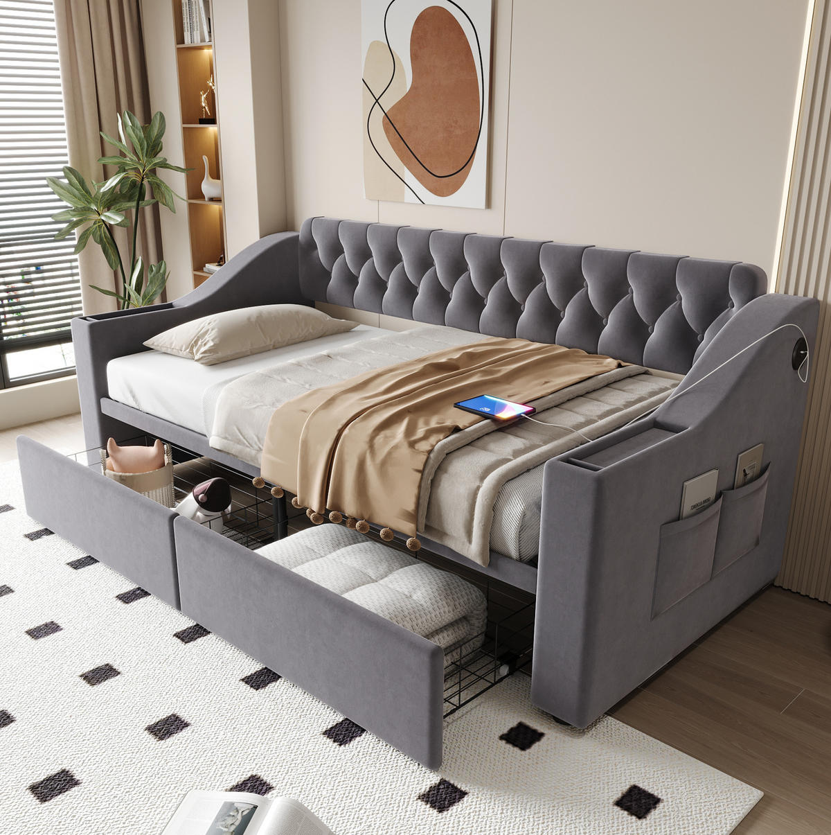 SAMT-POLSTERBETT 90/190 cm mit Stauraumschubladen und USB-Anschluss - Grau, Textil (90/190cm) - BEAOK
