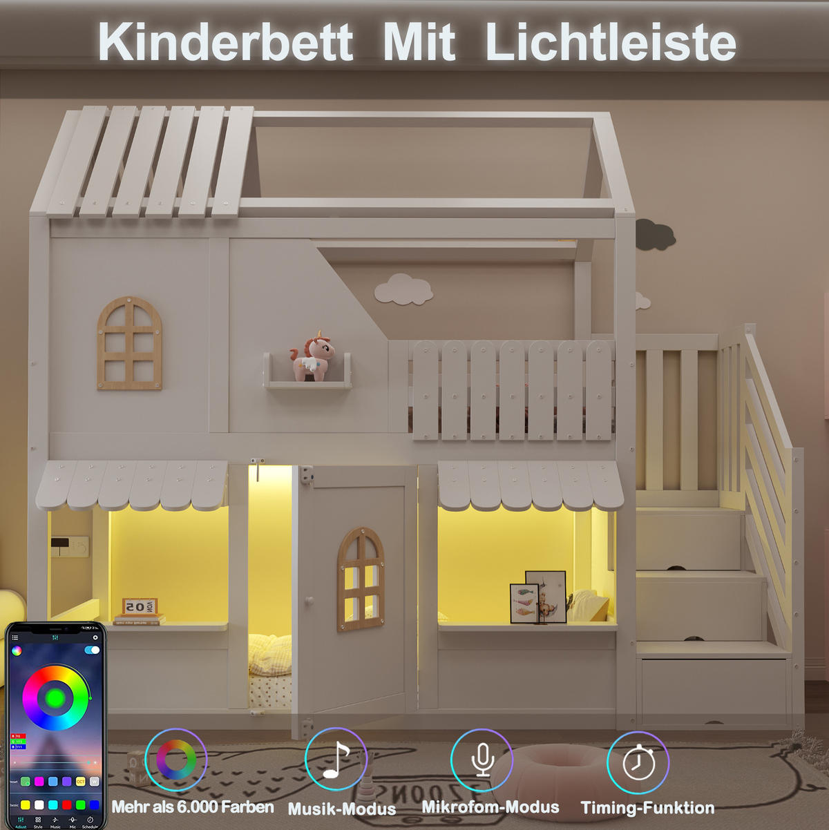 ETAGENBETT Holz 90x200 cm Weiß mit Stauraumleiter, LED-Beleuchtung und Regalen - Weiß, Holz (90/200cm) - Modfu