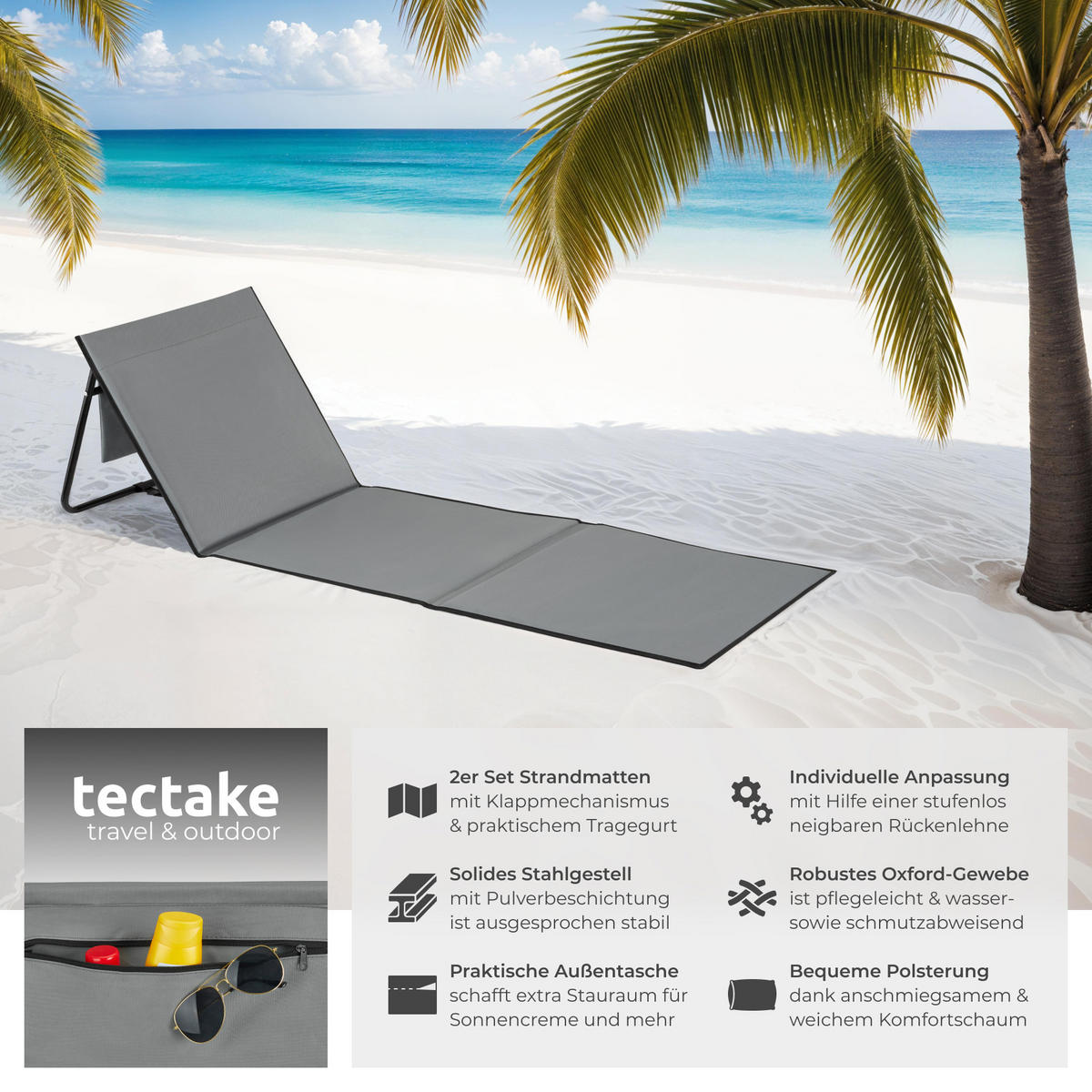 STRANDMATTE 2er Set Mina,inkl. Aufbewahrungstasche,grau/blau - Blau/Grau, Kunststoff (52.5/1.7/157cm) - tectake