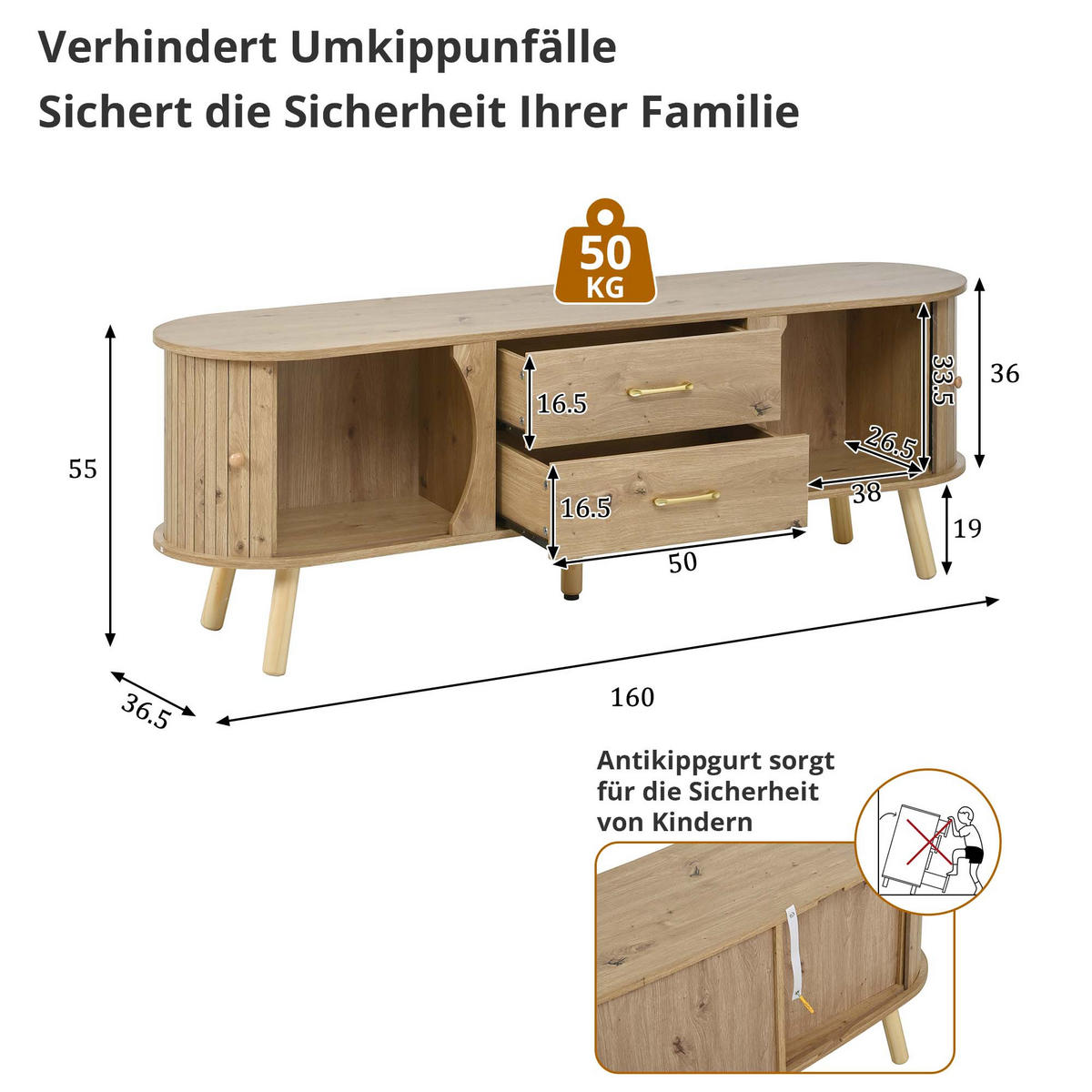 TV-SCHRANK Skandi Holzoptik Schiebetüren Schubladen MDF - Naturfarben, Holzwerkstoff (36.5/55/160cm) - FLIEKS