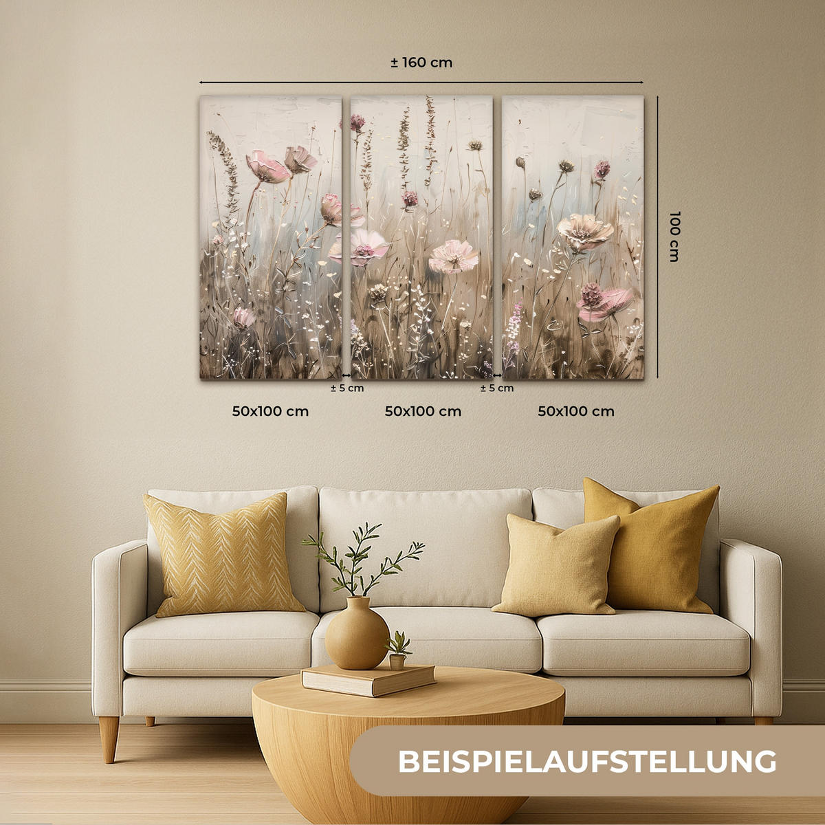 LEINWANDBILD 3er Set Blumen - Beige - Modern - Rosa 180x120 cm - Ecru, Textil (180/120cm) - MuchoWow