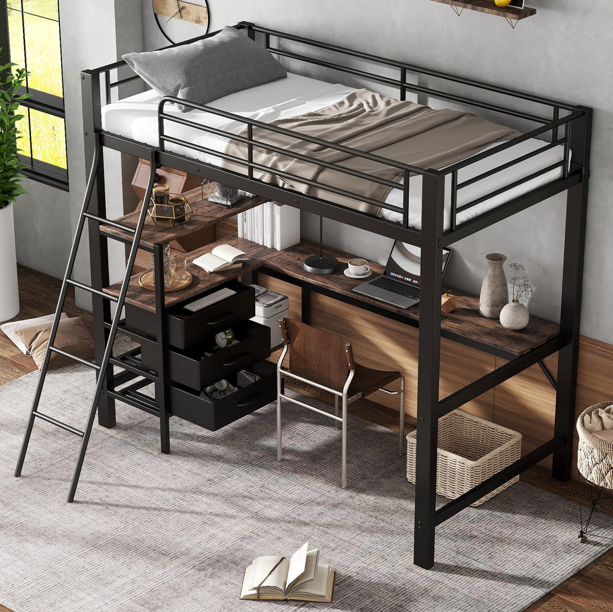 ETAGENBETT 90/200 cm schwarz aus Metall mit Tisch und 3 Schubladen - Schwarz, Metall (90/200cm) - OKWISH