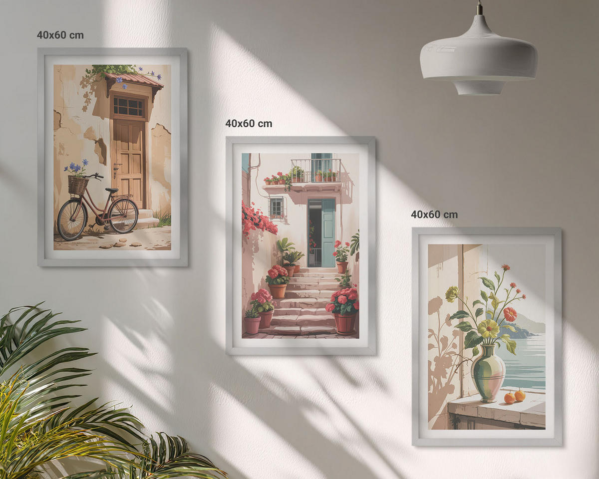 WANDBILDER 3er Set - 40x60 cm Silberner Rahmen - Straßen, Blumen und Fahrräder - Silberfarben, Kunststoff (40/60cm) - ArtPrintCave