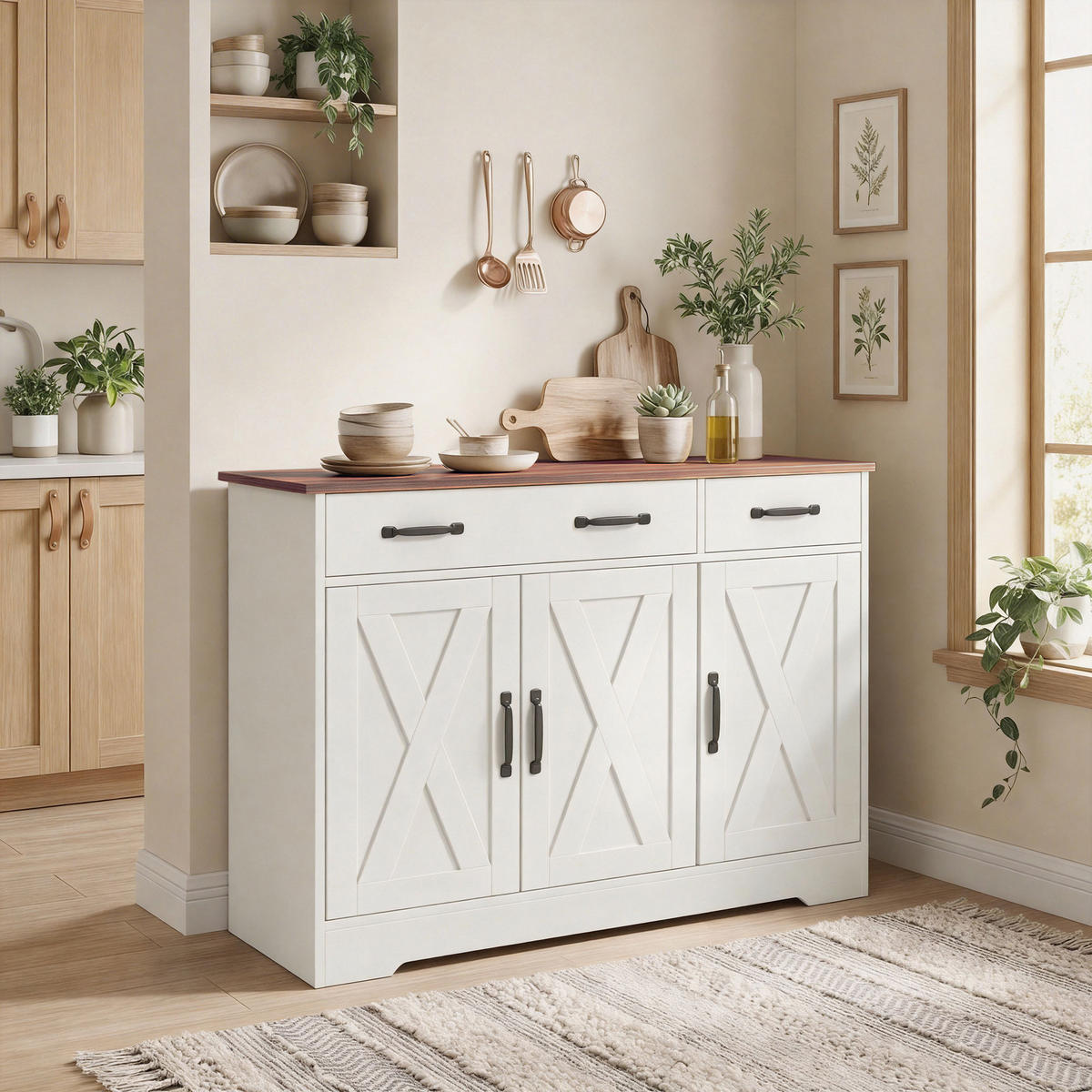 SIDEBOARD DE-11300 Landhausstil, 3 Scheunentüren Weiß - Weiß, Holzwerkstoff (108/81/40cm) - ComfortXL