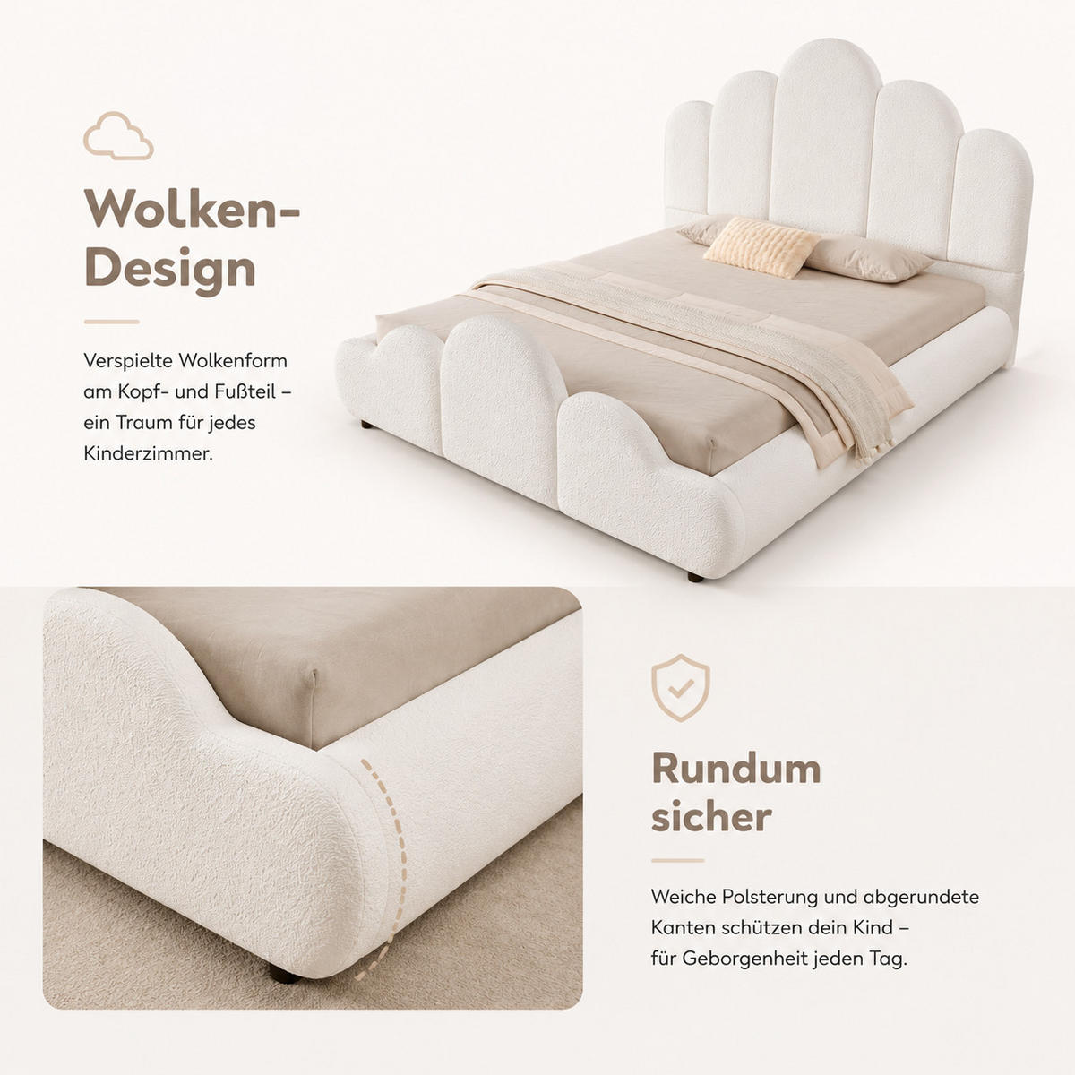 POLSTERBETT 140/200 cm in Beige mit Wolken-Design, abgerundeten Ecken, Bouclé und Lattenrost - Beige/Schwarz, Holzwerkstoff/Textil (140/200cm) - STILVORA