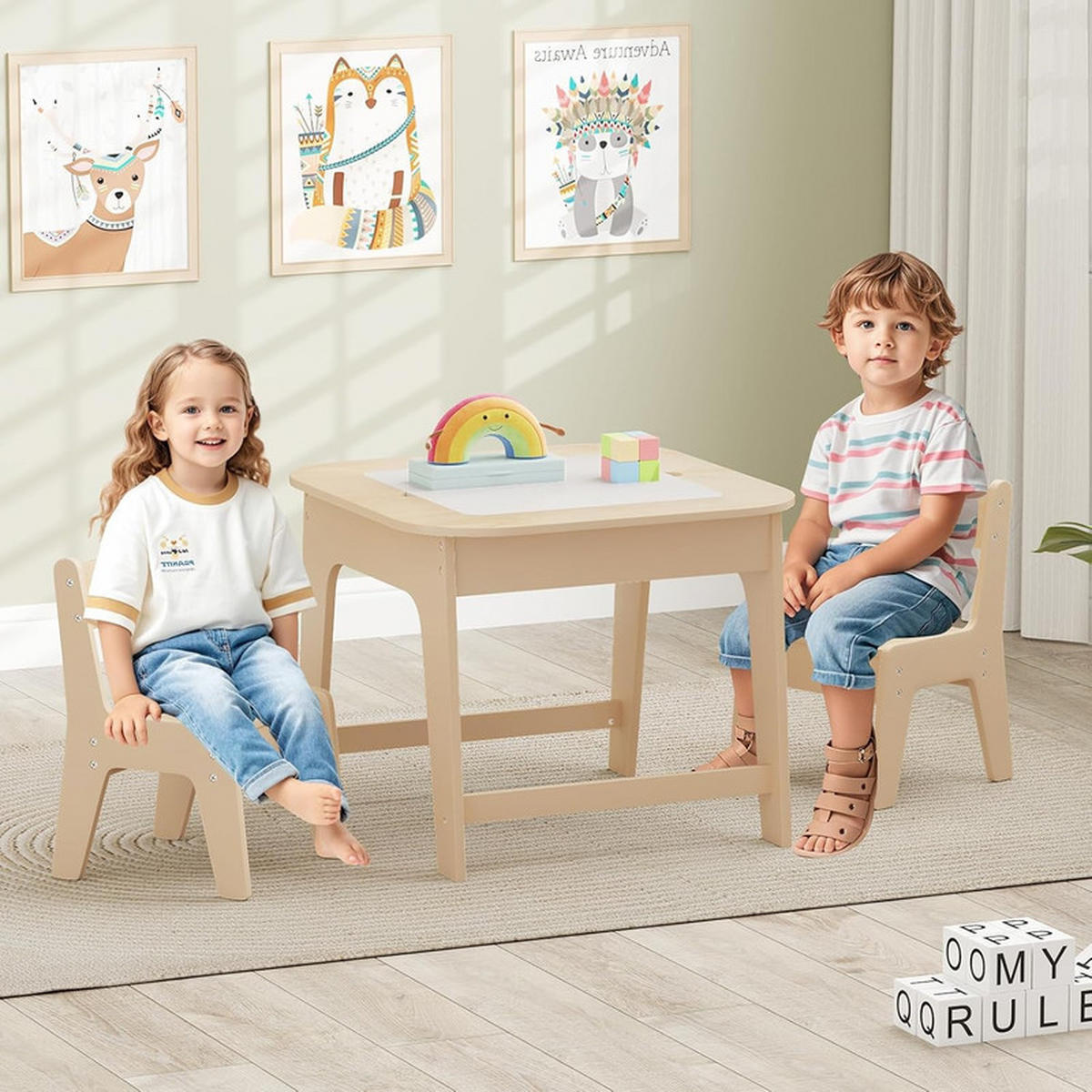 KINDERTISCH mit 2 Stühlen natur (3-tlg) - Naturfarben, Holzwerkstoff (60/49/60cm) - COSTWAY