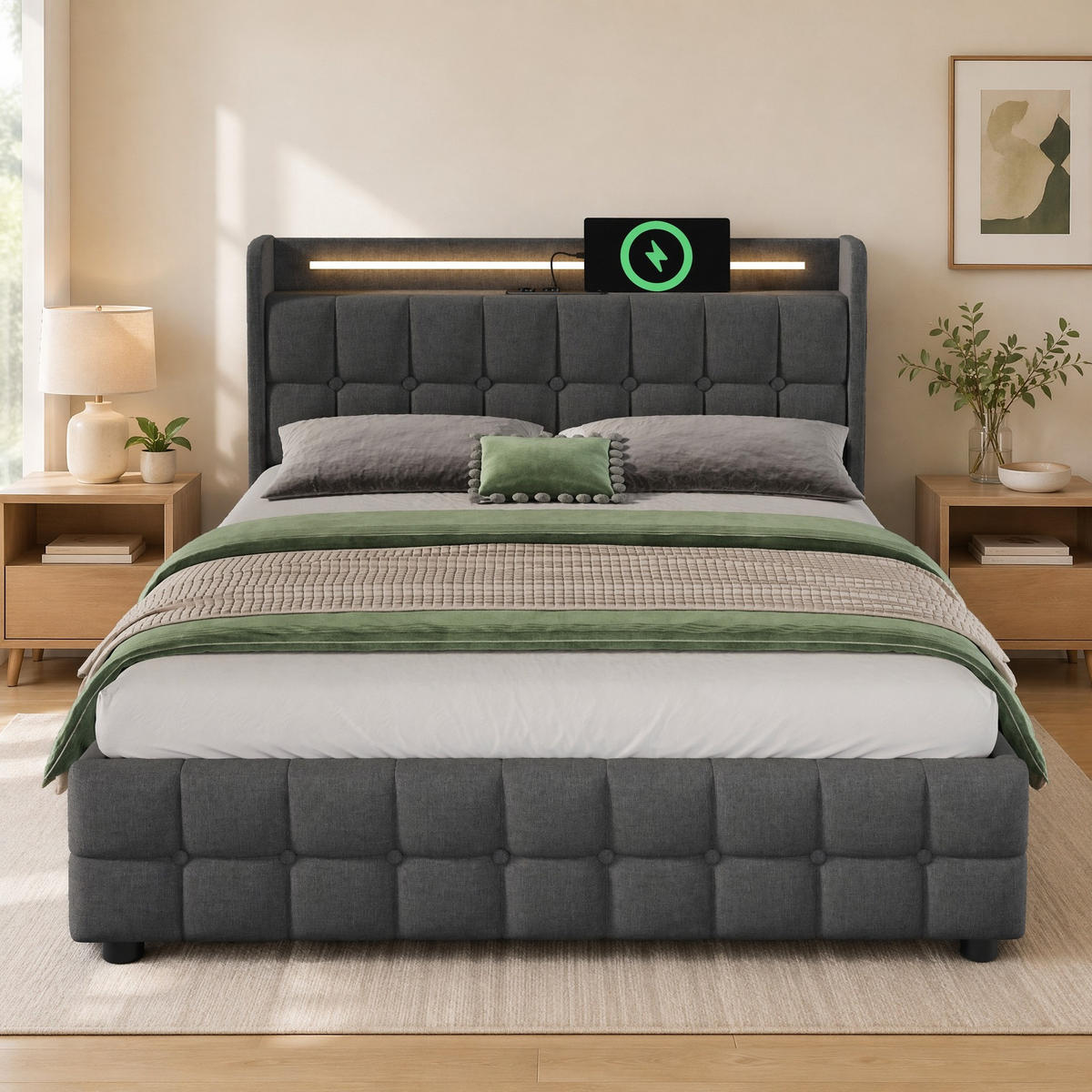 POLSTERBETT 160/200 cm in Grau mit Bettkasten, LED und USB - Grau, Holzwerkstoff/Textil (160/200cm) - CHICFURN