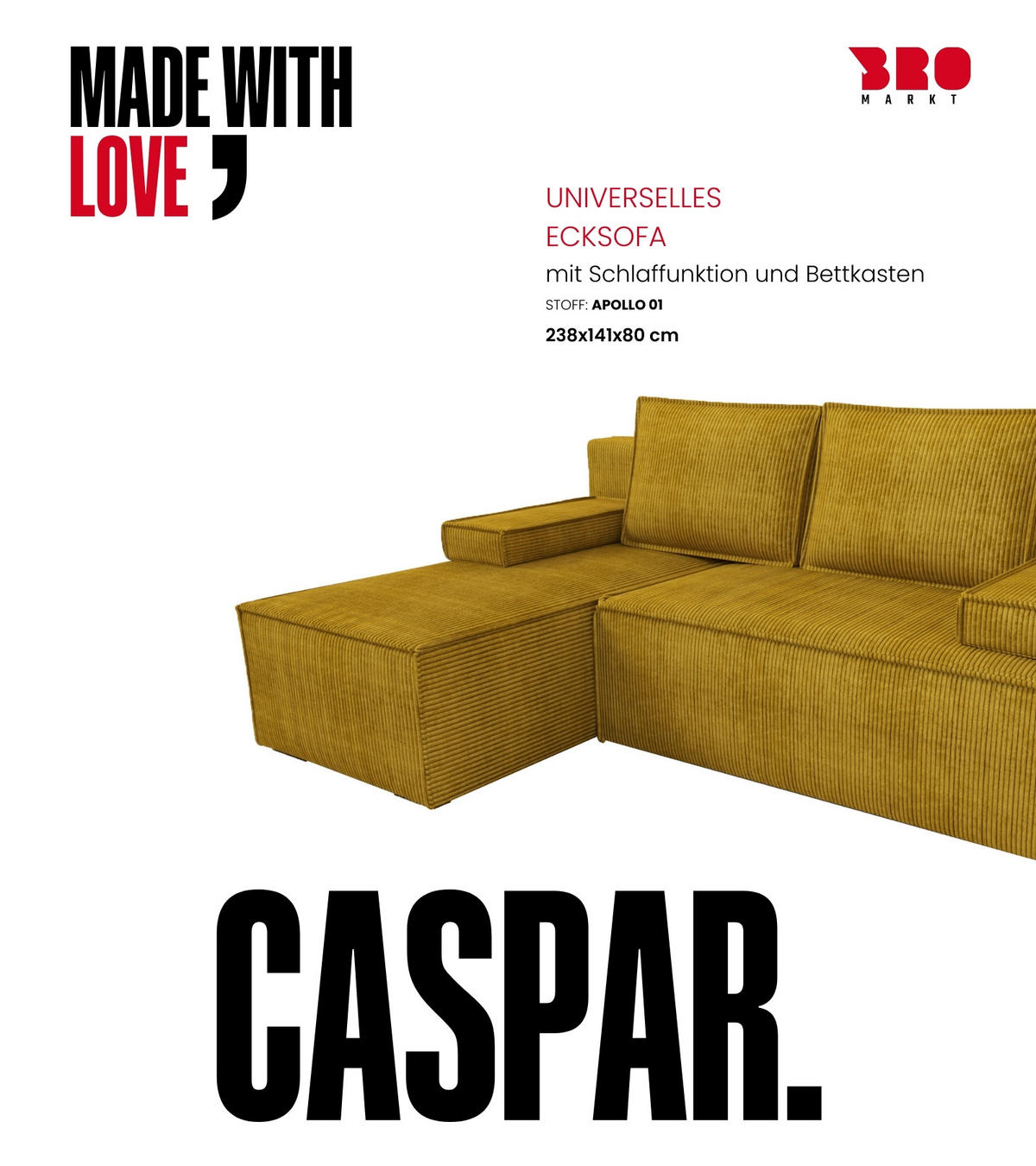 ECKSOFA Caspar mit Schlaffunktion Gelb Cord - Gelb, Textil (200/141cm) - Bromarkt