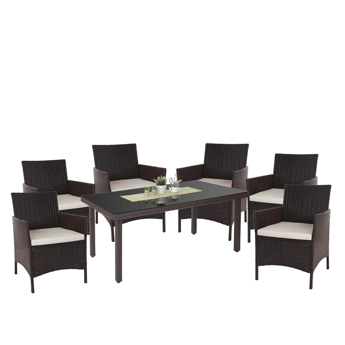 POLY-RATTAN-GARNITUR Braun, Cremeweiß - Braun/Weiß, Kunststoff - MCW