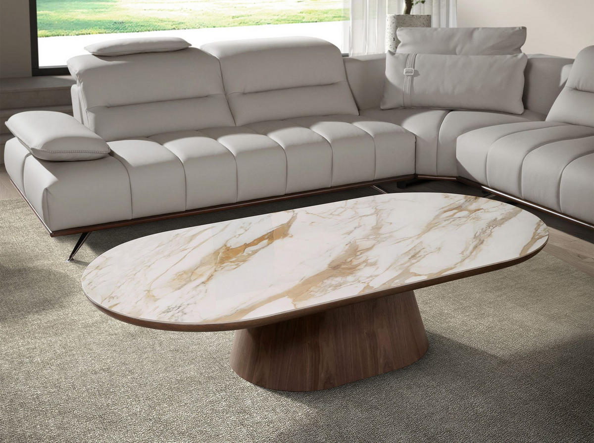 OVALER halbrunder Couchtisch aus Porzellanmarmor und Nussbaum - Multicolor/Weiß, Holz/Keramik (80/160/38cm) - ANGEL CERDA