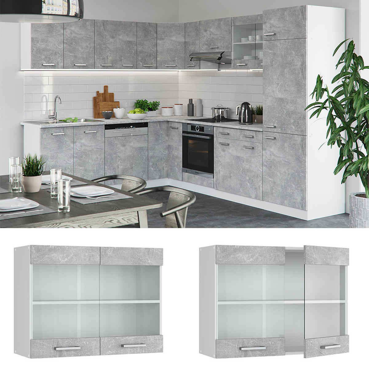 KÜCHENGLASSCHRANK R-Line Beton 80 cm - Schieferfarben/Hellgrau, Holzwerkstoff (80/60/31cm) - Vicco