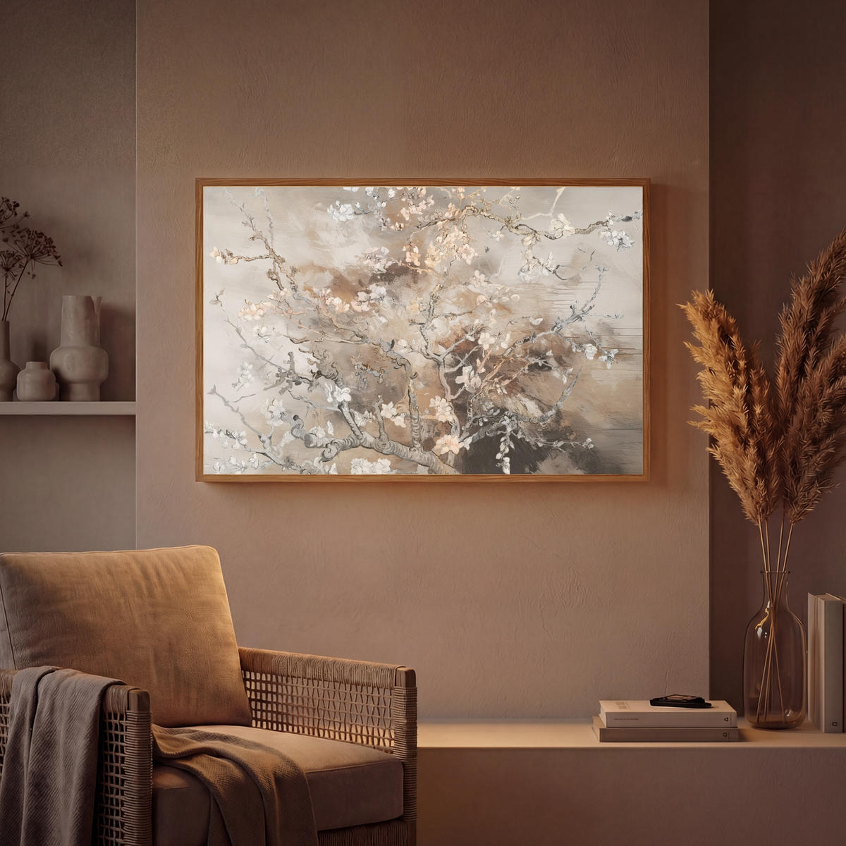 NÁSTĚNNÁ LAMPA S AKUMULÁTOREM Mandlový květ - Umění - Van Gogh - Béžová - Abstraktní 100x70 cm - šedohnědá, kompozitní dřevo (100/70/8cm) - OnlyWow