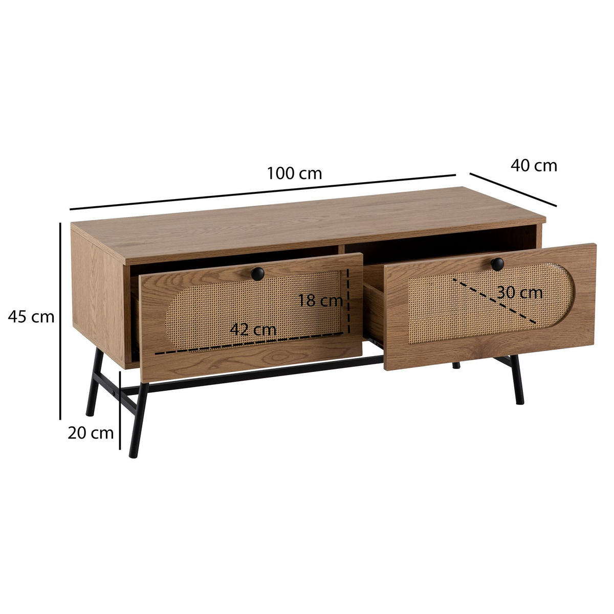 LOWBOARD Eiche-Dekor Rattan Modern Stil 100x45x40 cm mit Schubladen - Schwarz/Braun, Holzwerkstoff/Metall (100/45/40cm) - KADIMA DESIGN
