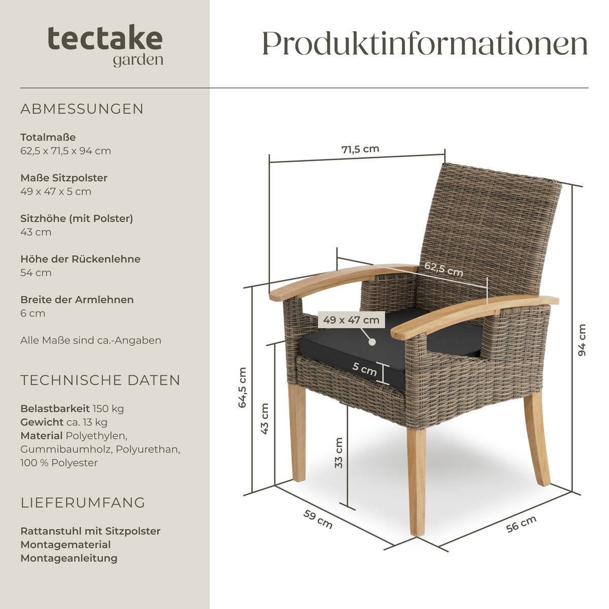RATTAN STUHL Rosarno,inklusive Sitzpolster, 62,5 x 71,5 x 94 cm,natur - Naturfarben, Kunststoff (62.5/94/71.5cm) - tectake