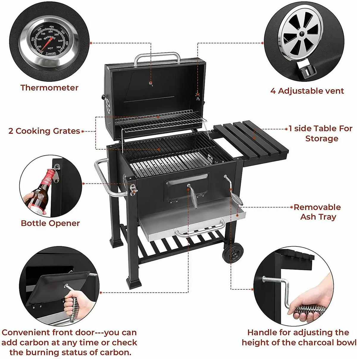 HOLZKOHLEGRILL 5–10 Personen Mit Rädern Für Garten Camping - Schwarz, Metall (55.7/116cm)