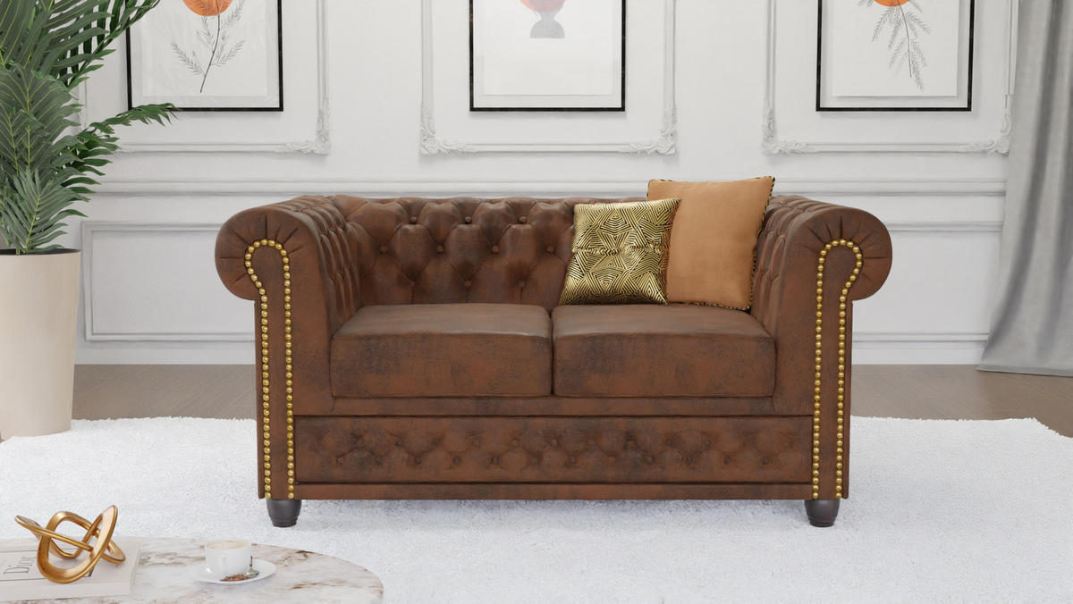 SITZGARNITUR 3+2+1 Chesterfield Flux Braun Microfaser Vintageoptik - Braun, Holz/Textil (203/72/86cm) - S-Style Möbel