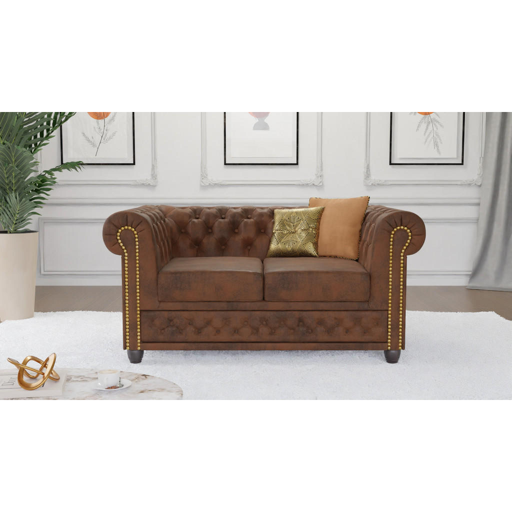Thumbnail - S-Style Möbel Chesterfield-Sofa, Braun, Textil, Echtholz,Birke, 2-Sitzer, Füllung: Polyetherschaumkern,Silikon,Komfortsc...