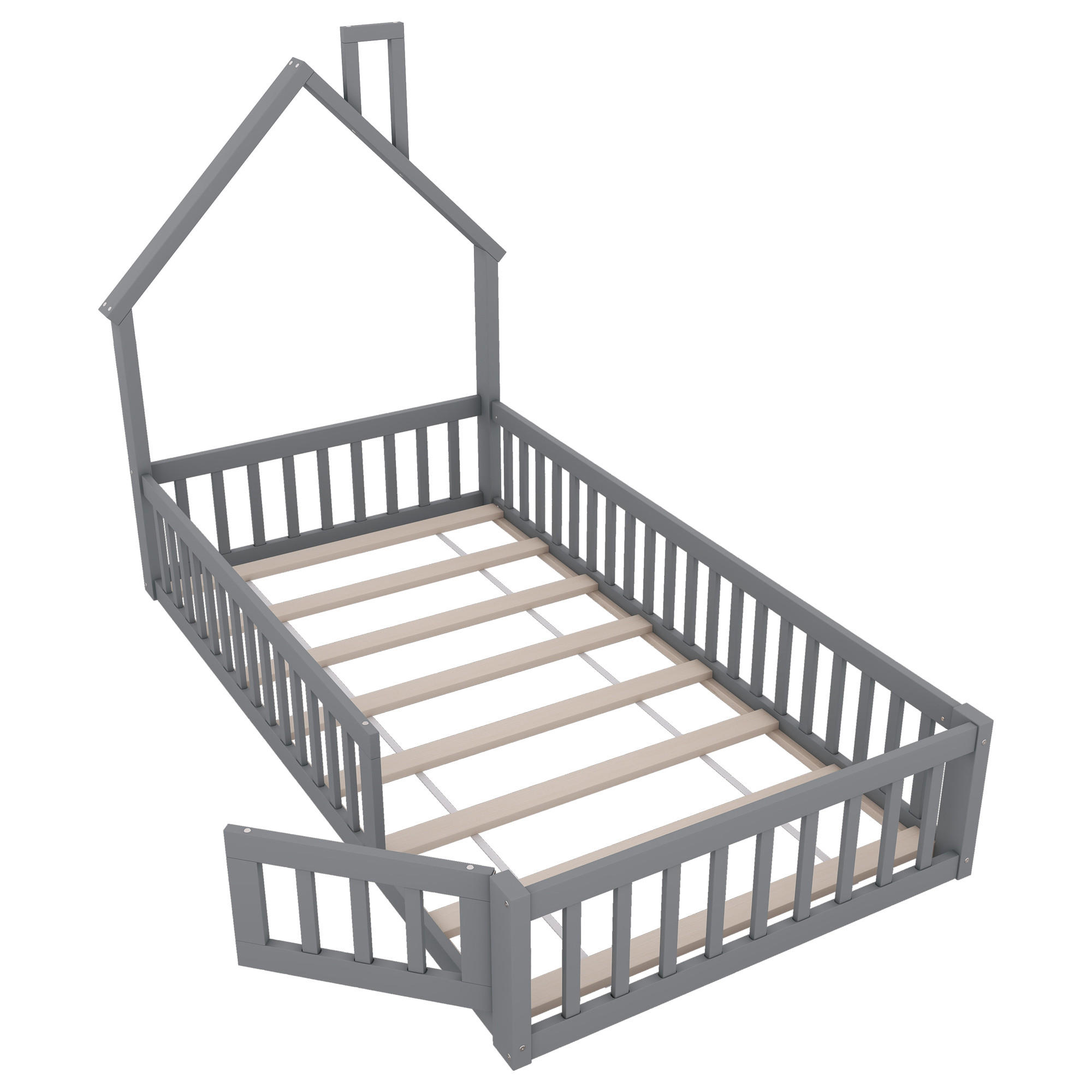 HAUSBETT 90/200 cm DE-03138, mit Schornstein-Design, in Grau - Grau, Holz/Holzwerkstoff (90/200cm) - ComfortXL