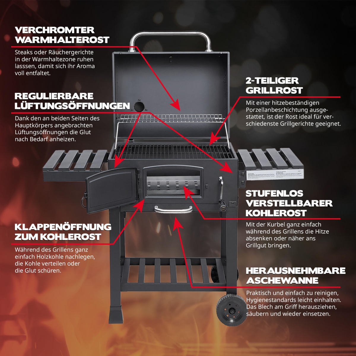 HOLZKOHLEGRILL HERO XL Set - Schwarz, Metall (124/113.5/66cm) - TAINO