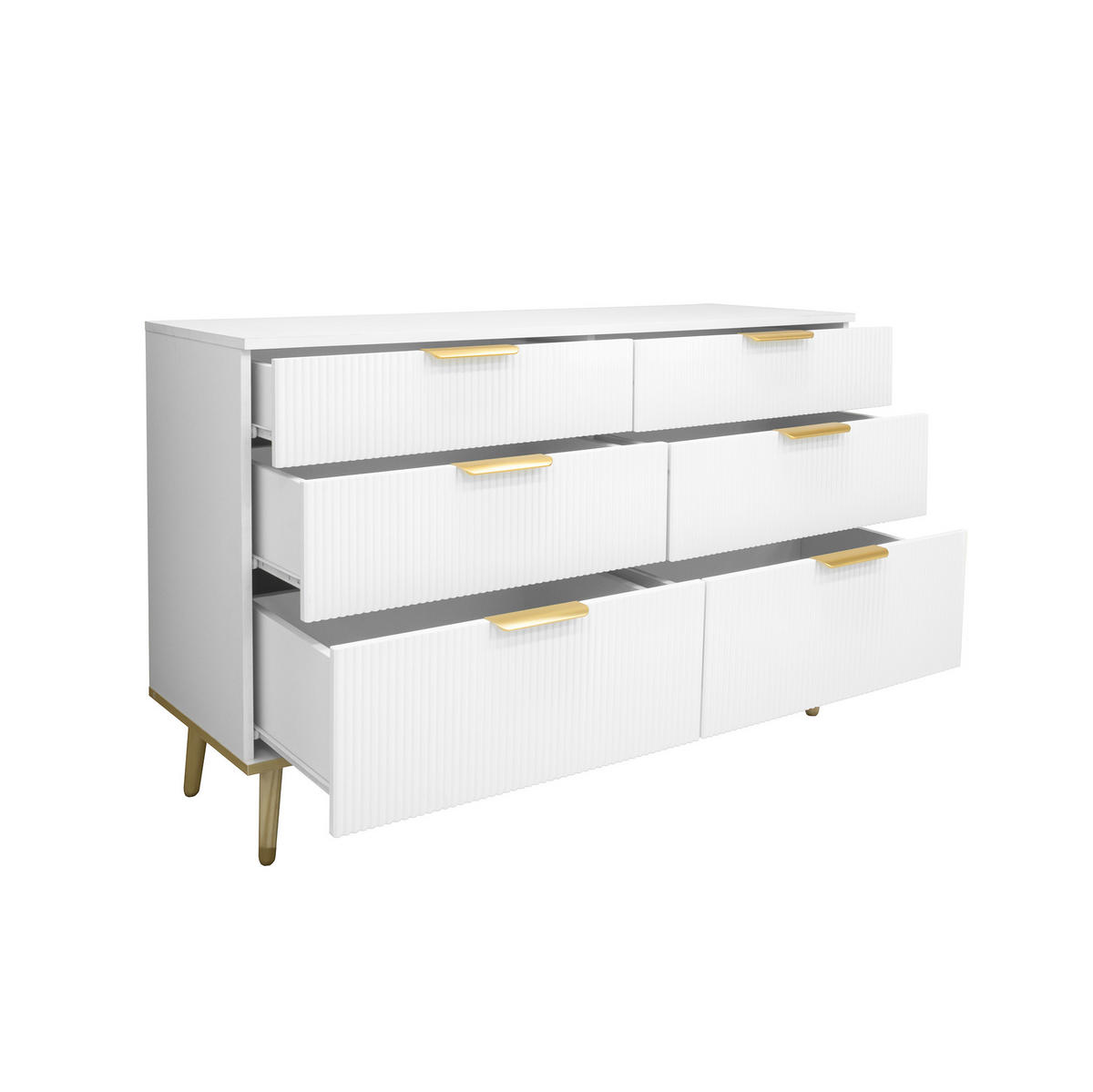 KOMMODE aus Spanplatte 120x40x76,5 cm Weiß mit 6 Schubladen und Holzoptik-Füßen - Weiß, Holzwerkstoff (120/76.5/40cm) - Modfu