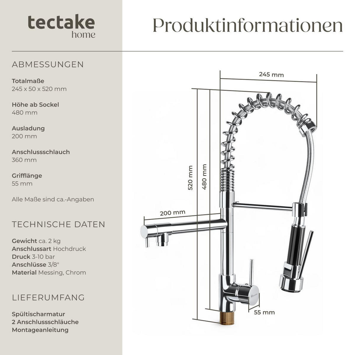 KÜCHENARMATUR, inklusive 2 Anschlussschläuche, grau - Grau, Metall (5/52/24.5cm) - tectake
