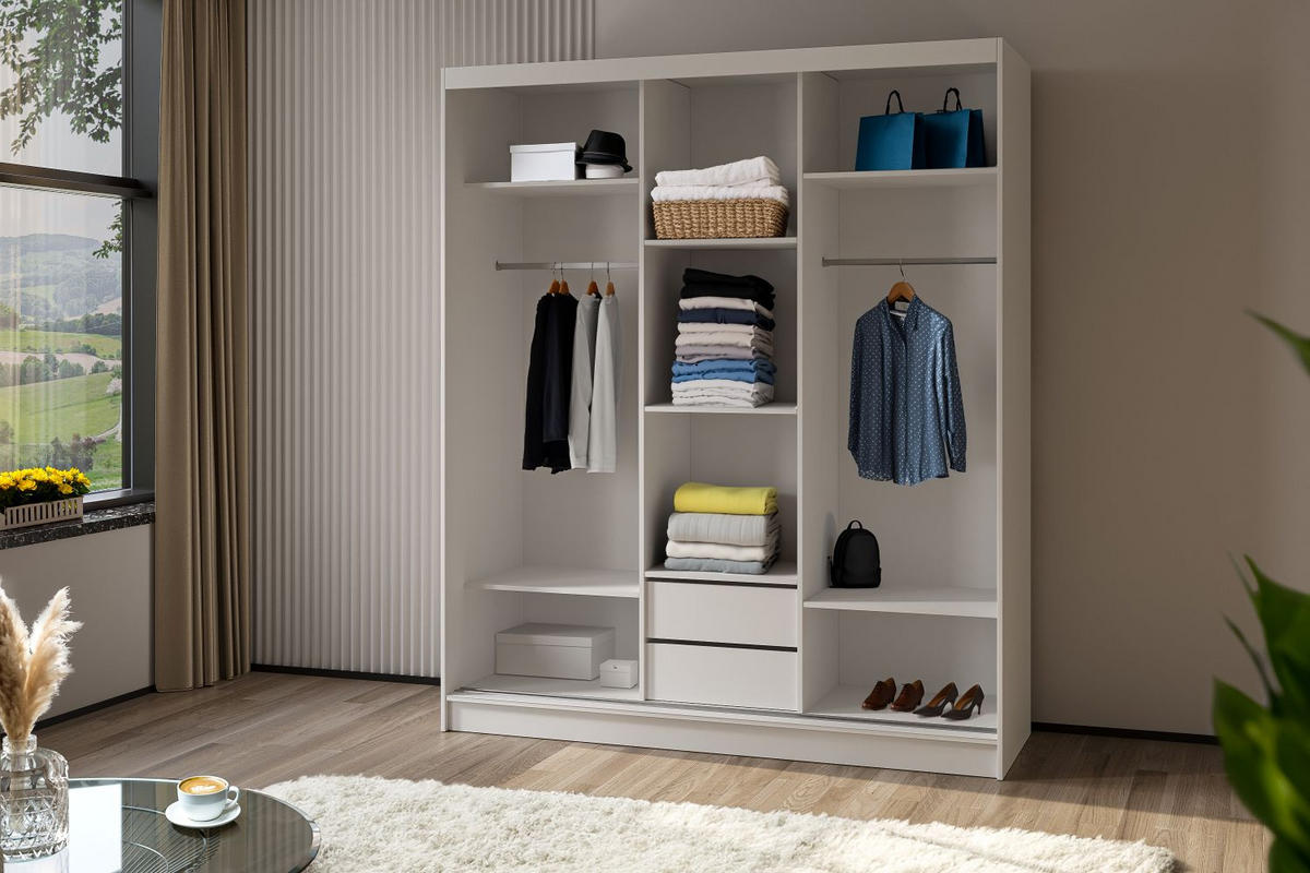 SCHWEBETÜRENSCHRANK Neli 180 cm mit Lamellen und Spiegel 3-türig, Artisan, schwarz, Lamelle Artisan - Braun/Eiche Artisan, Kunststoff (180/216/61cm) - Margaret Hadas24