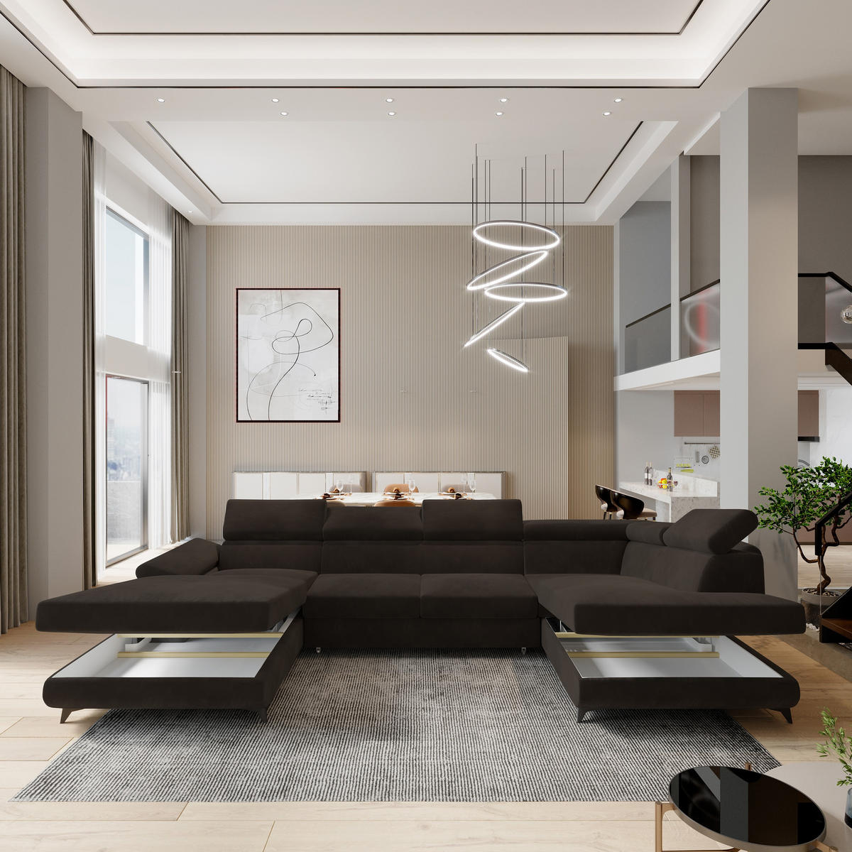 WOHNLANDSCHAFT RUBANO R-S Braun Velours-Stoff mit Schlaffunktion - Braun, Holz (339/89/190cm) - MASSENO