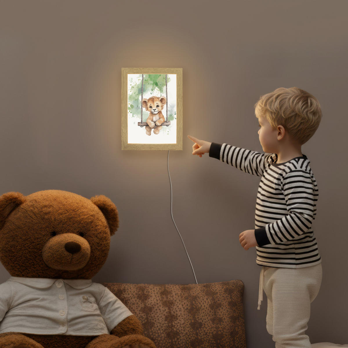 NACHTTISCHLAMPE Löwe - Tier - Kinder - Dschungel 15x20 cm - Weiß, Holzwerkstoff (8/15/20cm)