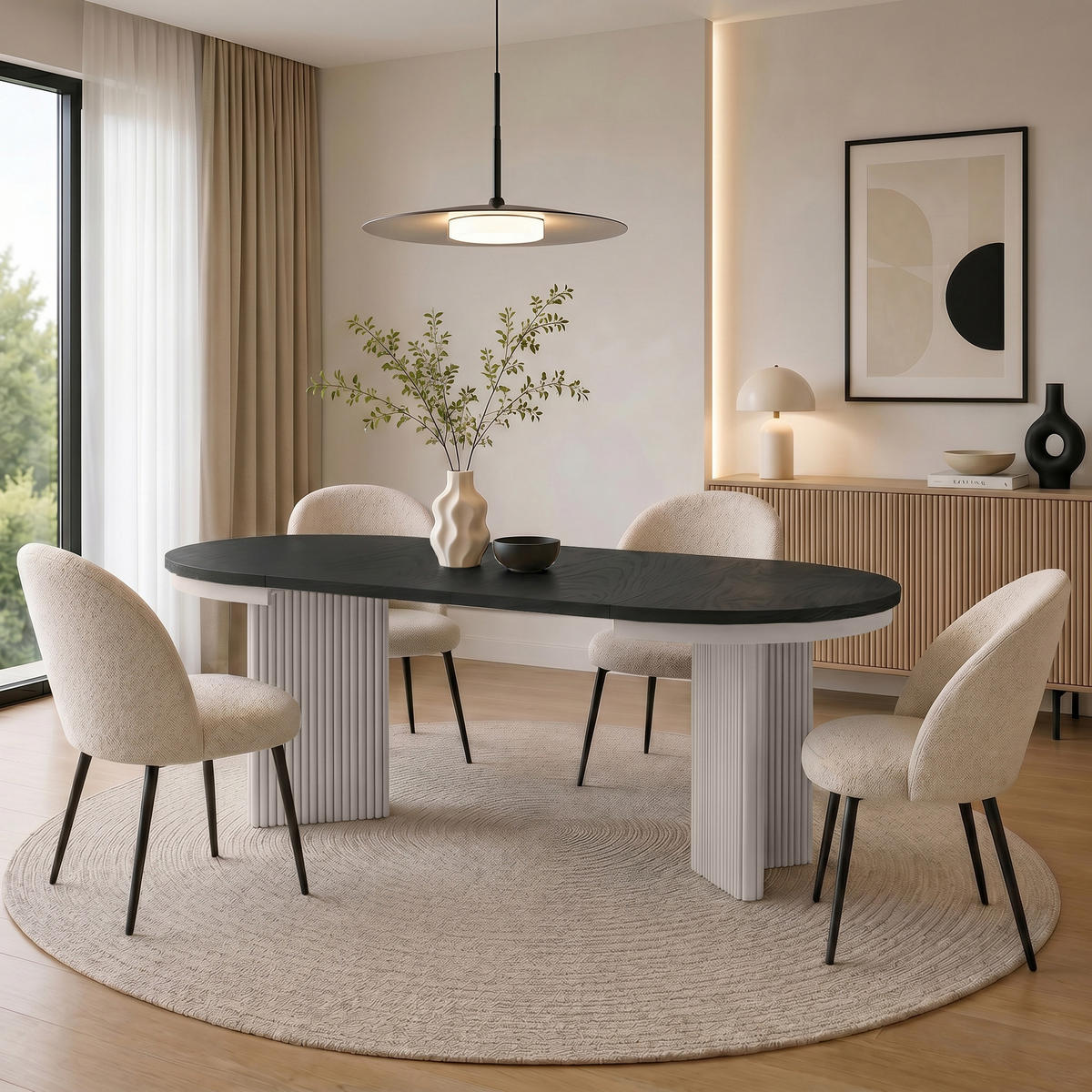 ESSTISCH Prestige runder Design-Tisch, ausziehbar Ø 100–180 cm, Schwarz+Kaschmir - Kaschmir/Schwarz, Metall (100/100/77cm) - Beautysofa