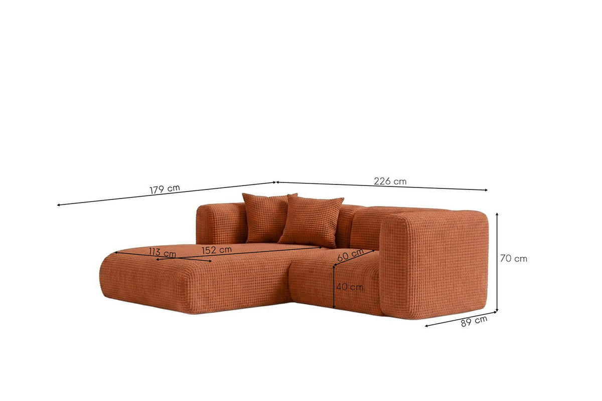 ECKSOFA L-Form mini, Chenille-Stoff Cremona, Kupfer, Links, GRETA - Kupferfarben, Holz (226/179cm) - Kaiser Möbel