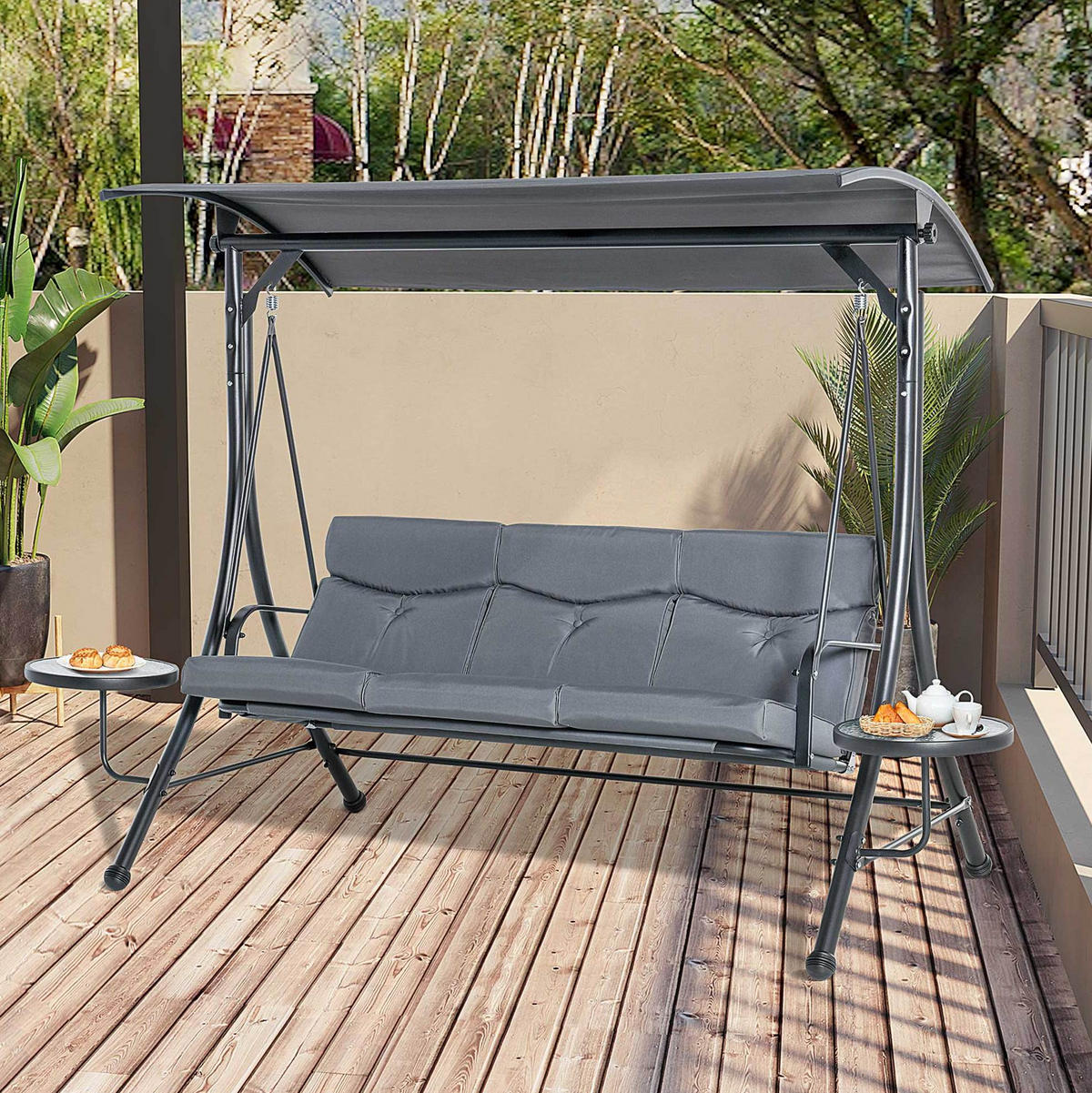 HOLLYWOODSCHAUKEL 271/125/177 cm aus Stahl mit verstellbarem Sonnendach und 2 Glastischen, Grau - Grau, Metall (125/177/271cm) - Redom