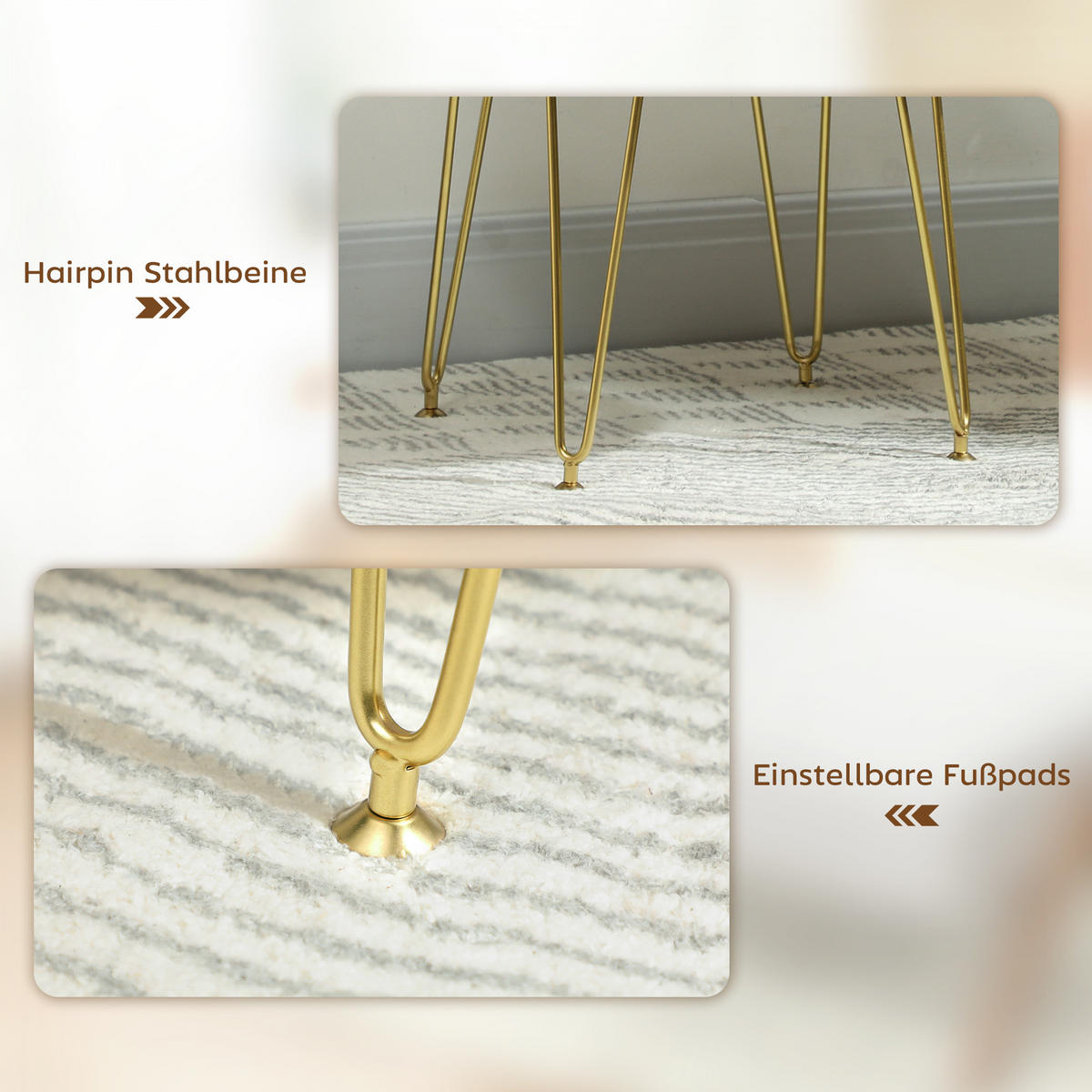 HOCKER Sitzhocker in Kleeblattform mit Stahlbeinen Fußhocker mit Samtoptik Creme - Weiß, Textil (41/40/41cm) - HOMCOM