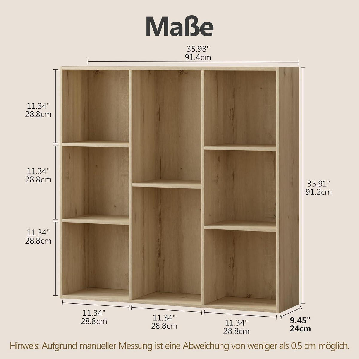 BÜCHERREGAL Würfelregal Weißeiche 8 Fächer 91,2 x 91,4 cm - Beige, Holzwerkstoff (91.4/91.2/24cm)