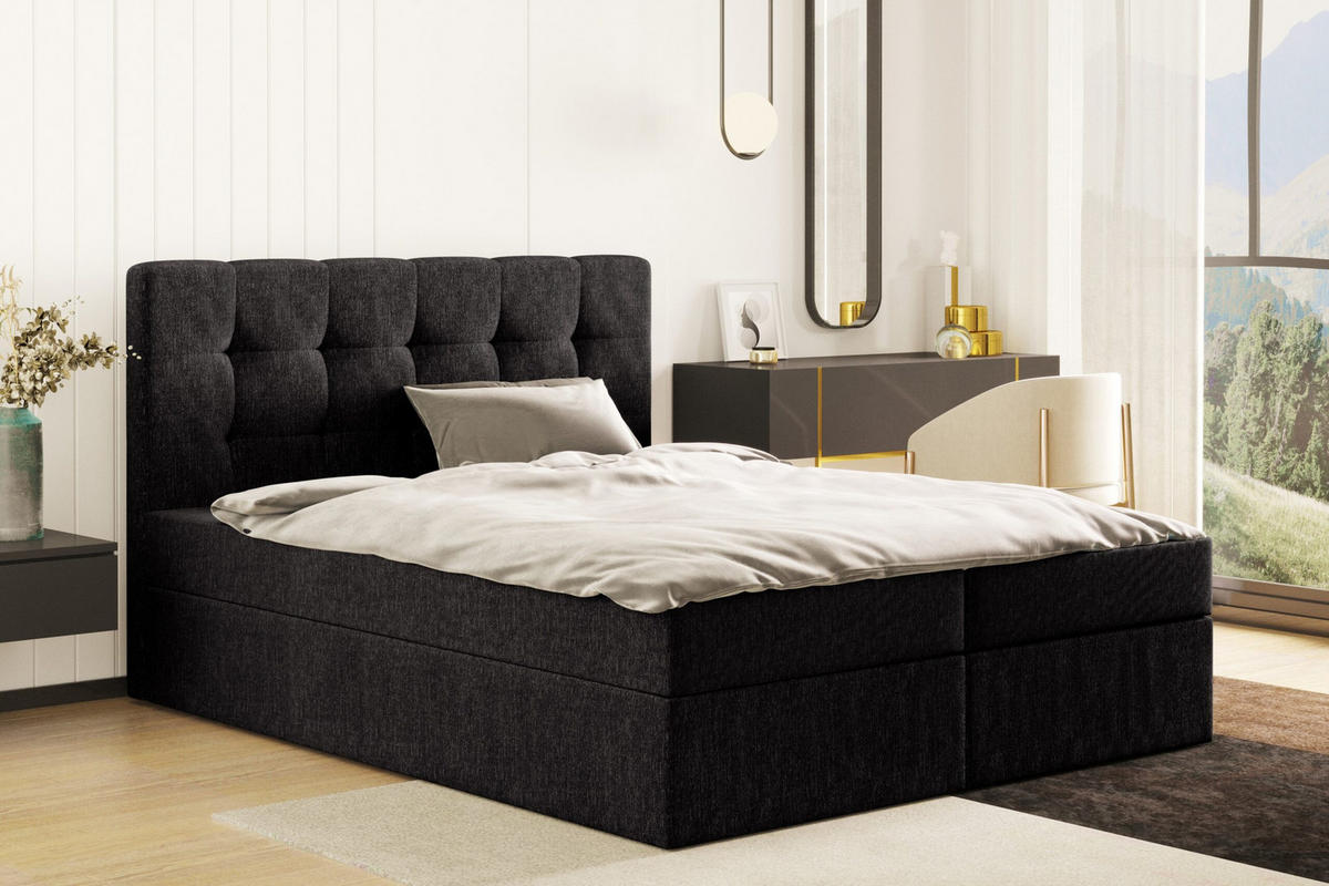 BOXBETT Mit Matratze Und Bettkasten, LUDANO Stoff Sydney Schwarz 200x200 cm H2-Pocket - Schwarz, Holz (200/200cm) - Kaiser Möbel