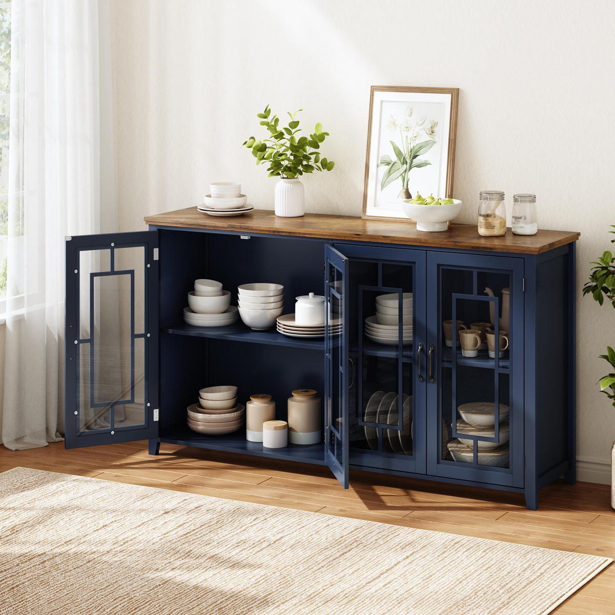 GESCHIRRSCHRANK 160 cm MDF Blau mit Glastüren und Holzoptik-Arbeitsplatte - Dunkelblau, Holzwerkstoff (40/86/160cm) - Korfee
