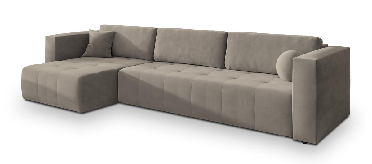ECKSOFA OLVERA Beige Plüsch-Stoff mit Schlaffunktion - Beige, Holz (347/148cm) - MASSENO