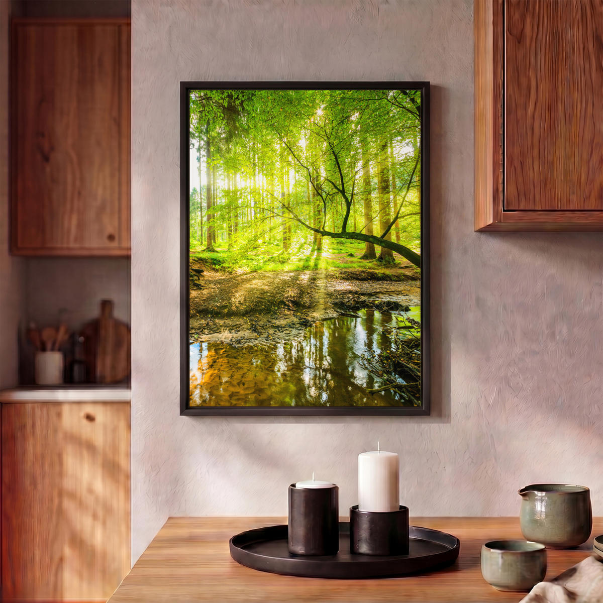 LEINWAND Bilder mit Rahmen - Wald - Landschaft - Wasser - Bäume - Sonne - Grün - Natur - 30x40 - Grün, Textil (30/40cm) - MuchoWow